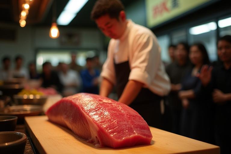 A chef performing a live tuna cutting demonstration for a crowd at Shinonome Market.