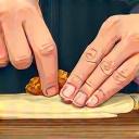 An icon representing artisanal craft, showing hands shaping a food product.