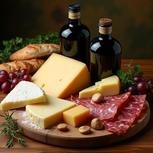 A selection of imported cheeses, cured meats, and olive oils.
